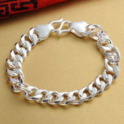 Real 999 Pure Silver Bracelet Women Men 9.5mm/11mm/12mm Cuban Curb Link Gift - Image 1 of 4