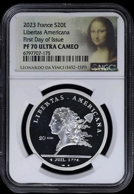2023 FRANCIA Plata 20 Euros Libertas Americana NGC PF 70 ULT CAM Primer Día Emisión Foto 1 de 3
