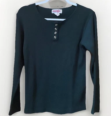 Energie Henley Top Green Ribbed Knit Long Sleeve Vtg Y2K Top Womens Med Retro - Image 1 of 4