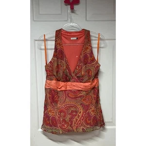 VTG Y2K Page Paisley Top V-neck Plunge Pink Orange Boho Festival Blouse READ SZ - Picture 1 of 7