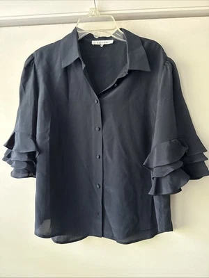 Camisa MARCO con Volantes Abotonada Azul Marino Seda Talla Manga Corta Blusa M Foto 1 de 4