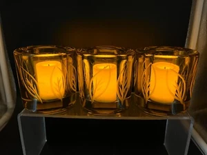 Amber Etched  Leaves Heavy Glass Votive Candle Holders Set of 3 - Picture 1 of 9