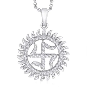 925 Sterling Silver White Rhodium Plated Shubh Swastik Diamond Cut CZ Pendant - Picture 1 of 6