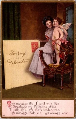 Postal San Valentín Mujer con Querubín, Arco y Flecha, Letra Gigante Foto 1 de 2