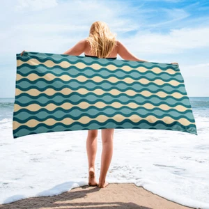 Towel for Beach or Bath Teal and Cream Geometric - Picture 1 of 2