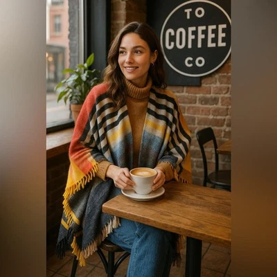 Por Anthropologie - Flecos coloridos de mezcla de lana a rayas Ruana Foto 1 de 4