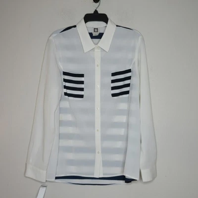 Anne Klein 女式白色前领条纹后半透明衬衫 XL B77 — 第 1/4 张图片