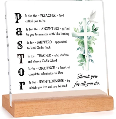 Regalos de agradecimiento al pastor, placa acrílica de agradecimiento con soporte de madera, pastor Gi Foto 1 de 4