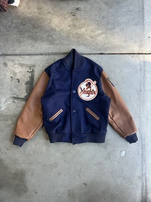 Knights Letterman Leather Bomber Style Jacket with Sticker Patches - Image 1 of 4