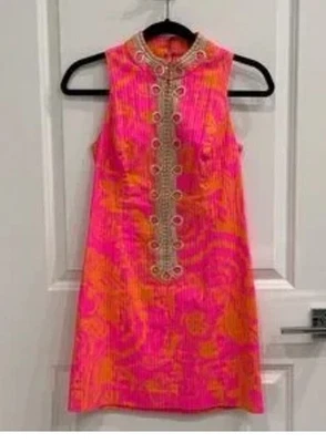 Vestido informal Lilly Pulitzer rosa/dorado Alexa cuello alto talla 6 Foto 1 de 4