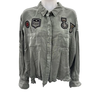 Chaqueta Camisa Parche Militar Habana De Colección Para Mujer Pequeña Verde Dobladillo Envejecido Foto 1 de 4