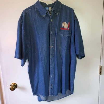 Camisa de manga corta de mezclilla oscura bordada NORWEGIAN FJORD - Talla 2XL Foto 1 de 3