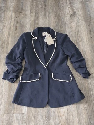 Blazer de lujo Cinq a Sept para mujer elegante azul marino con detalles de perlas talla 2 Foto 1 de 4