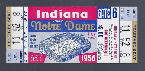 VINTAGE 1956 NCAA INDIANA HOOSIERS @ NOTRE DAME IRISH FOOTBALL FULL TICKET Cover