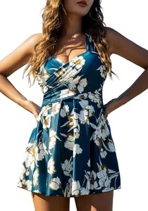 Women's Elegant Crossover One Piece Swimdress Floral Skirted Swimsuit - Picture 1 of 3