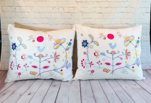 Ikea Alfhild Fagel Embroidered Bird Floral Pillow Cover 24"x 20” Set of Two - Picture 1 of 6