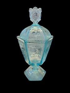 IMPERIAL AZURE BLUE CARNIVAL GLASS ZODIAC PATTERN COVERED CANDY JAR HEISEY SHAPE - Picture 1 of 12