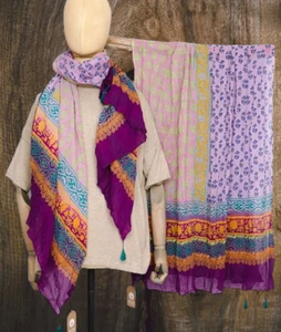 Damenschal Tuch Baumwolle 100x180cm lila bunt Quasten Blockprint Sarah & Sally