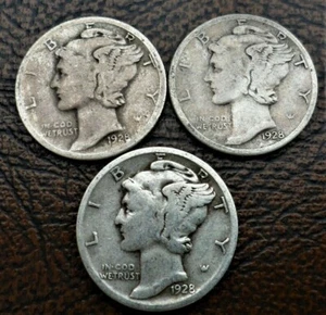 1928 PDS Juego de tres monedas de diez centavos de mercurio circulado 90% plata buena - Imagen 1 de 2
