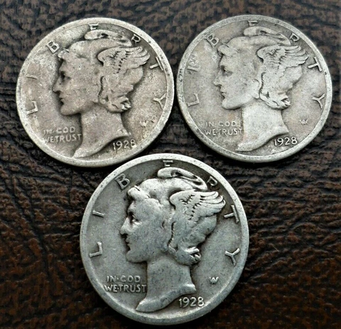 1928 PDS  Set of three Mercury Dimes circulated 90% Silver Good Cover