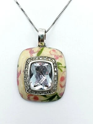 Colar de esmalte floral creme halo diamante quartzo rosa 925 tira esterlina  - Imagem 1 de 4