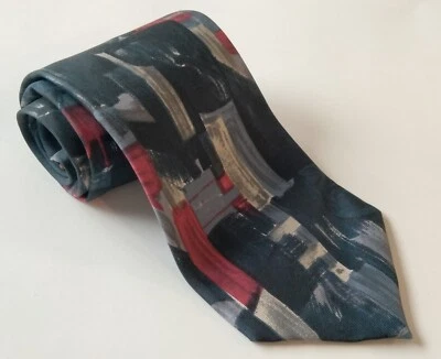 Barrington Italian Silk Mens Tie Abstract Geometric Black Gray Red 56" x 3-7/8" - Image 1 of 4