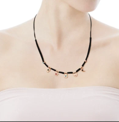 TOUS Gemstone Necklace 24.4in Vermeil Silver Adjustable Malachite Ruby Pearl - Image 1 of 3