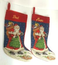 Lillian Vernon Needlepoint Santa Christmas Stockings  "Mom" &  "Dad"  Velvet 16”