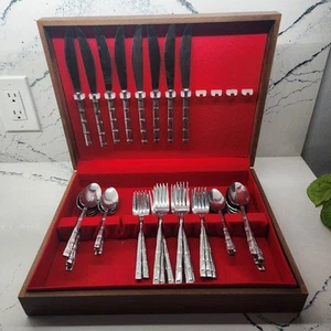 Oxford Hall Bamboo Stainless Korea Lot 39 Pieces Spoons Forks Knifes Wood Case - Picture 1 of 10