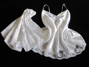Slinky Satin Cami Pyjamas M Lacy White Camisole French Knickers Set Short PJs - Picture 1 of 5
