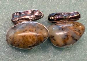 RARE Vintage Rebecca Collins Baroque Pearl & Agate Gemstone Clip-On Earrings - Picture 1 of 11