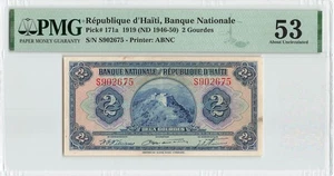 HAITI 2 Gourdes 1946-1950, P-171a, PMG 53 Abt UNC TOP POP FINEST, Faine @ Right - Picture 1 of 2