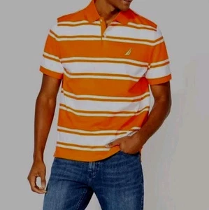 NEW Retro Nautica XL Orange White Wide Striped Polo Shirt Collared 100% Cotton - Picture 1 of 5