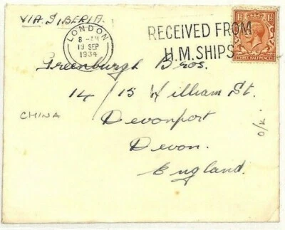 CHINA Station Cover GB NAVAL London *Received HM Ships* 1934 Machine Devon QQ101 - Image 1 of 3