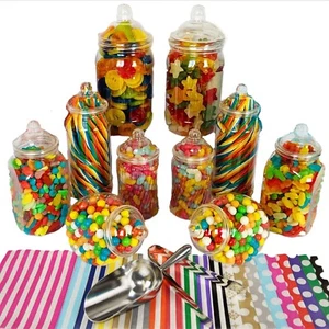 Plastic Sweet Jar Kit 100 Bags Scoop Tong DIY Candy Cart Buffet Wedding Party - Picture 1 of 10