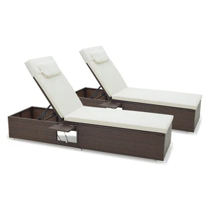 Outdoor PE Rattan Lounge Set of 2 w/6-level Backrest Sturdy Metal Frame Poolside - Picture 1 of 9