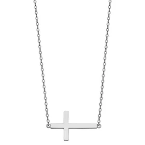 Real Solid 14k White Gold Sideways Cross Pendant Necklace 17+1 Inches Chain - Picture 1 of 1
