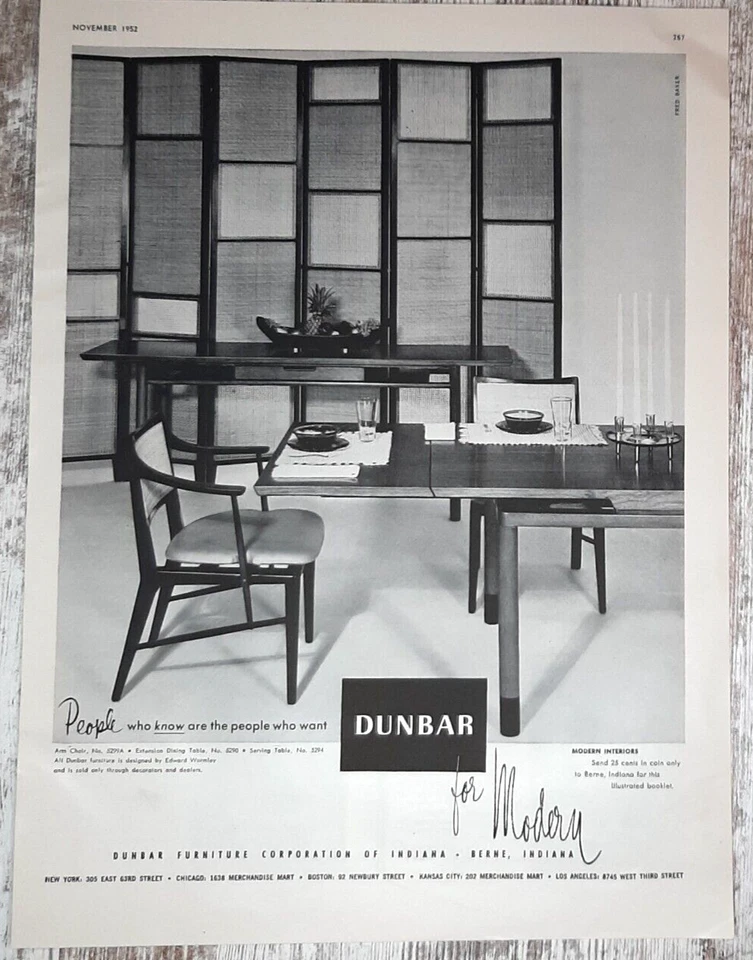 Dunbar Furniture 1952 anuncio impreso vintage MCM mesa comedor silla aparador blanco y negro Foto 1 de 1