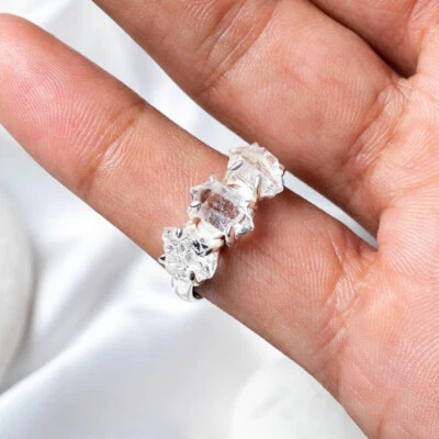 Anillo de diamantes Herkimer crudo triple piedra anillo llamativo anillo de cristal regalo para ella Foto 1 de 4