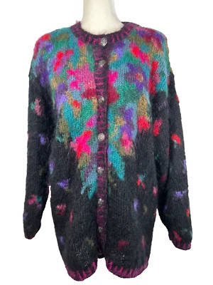 Suéter Mohair Vintage MUJER DISEÑO ISLANDÉS Colorido Cárdigan Difuso Negro Años 90 Foto 1 de 4