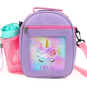 Personalised Lunch Bag Unicorn School Girls Kids Cooler Box With Strap Gift PL15 - Picture 1 of 6