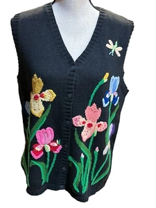 Quacker Factory Sweater Vest Sz Small Black Floral Spring Embroidered Knit EUC - Picture 1 of 6