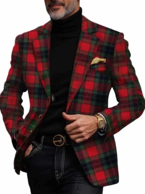Men's Red Green Plaid Suit Single Breasted Jacket Christmas Color Scheme Blazer - Image 1 of 4