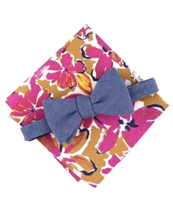 Bar III Men’s Blue Pre-Tied Bow Tie & Pink Floral Pocket Square Set - Picture 1 of 1