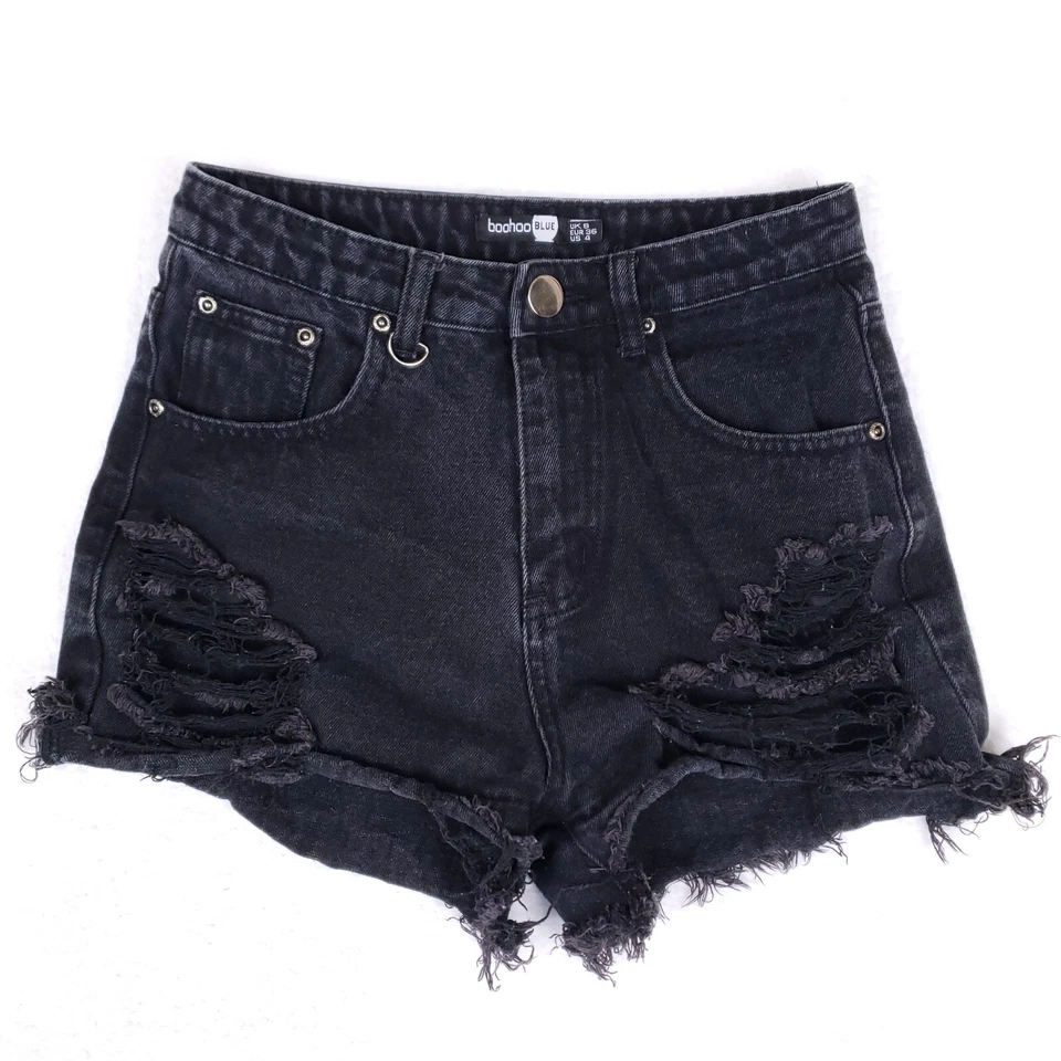 Pantalones Cortos Denim Boohoo Azul Cintura Alta Envejecidos EE. UU. 4 Negros Y2K Indie Sleaze Foto 1 de 4