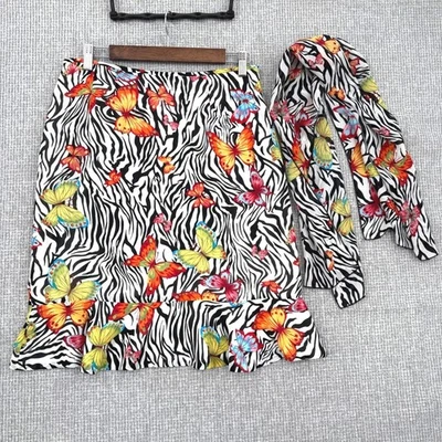 Vtg Le Suit Skirt Scarf Set Zebra Butterfly Ruffle Sz 10P Fairy Y2K Whimsigoth - Image 1 of 4