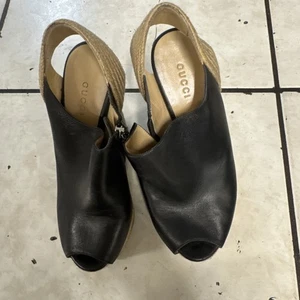 Gucci Wedge Sole Sandals Espadrilles 370498/ Size 36 BLACK - Picture 1 of 6