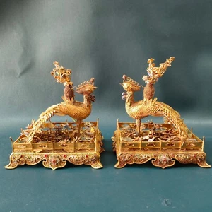 8" Old Dynasty Bronze 24K Gold Cloisonne Filigree Gems Phoenix Statue Pair - Picture 1 of 15