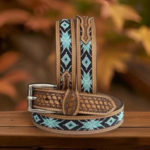 Vollnarbenleder handbesetzt Western Gürtel Cowboy Rodeo Perlen abnehmbare Schnalle - Bild 1 von 11