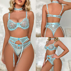 Women's Sexy Lingerie Lace 3 Pieces Teddy Babydoll Bra And Panty Garter Belt Set
